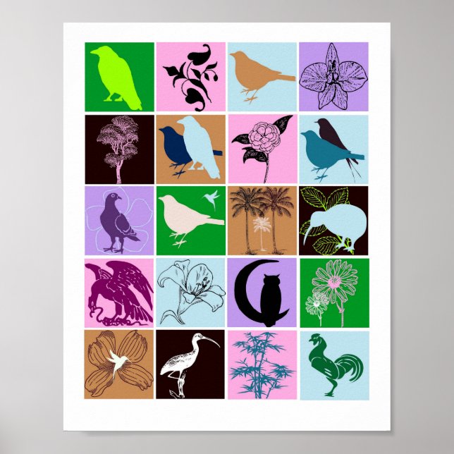 Poster Oiseaux et Plante Silhouette Animal Collage Art (Devant)