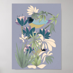 Poster Oiseaux exotiques fleurs jardin abstrait art