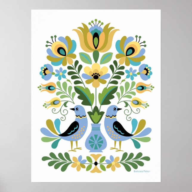 Poster Oiseaux folkloriques hongrois en bleu et or (Devant)