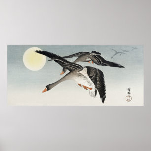 Poster Oiseaux japonais vintages en Pleine lune par Ohara