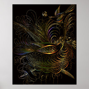 POSTER OISEAUX ORNEMENTAUX ART BOTANIQUE OR NOIR