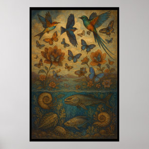 Poster Oiseaux, papillons et vie marine