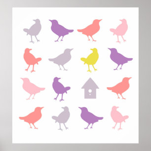 Poster Oiseaux pastel rose et violet avec Birdhouse