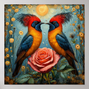 Poster Oiseaux Romantiques Fantaisistes au-Dessus d'une R