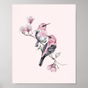 Poster Oiseaux roses et noirs sur une branche d'arbre