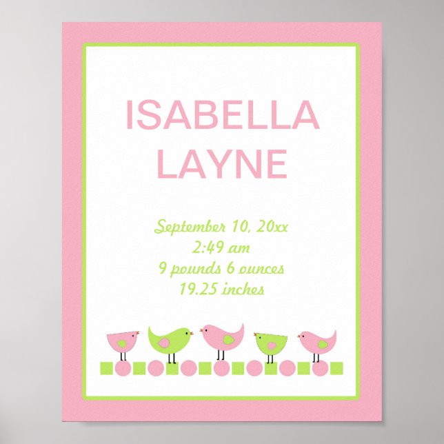 Poster Oiseaux roses et verts Petite infirmière Mur Art (Devant)