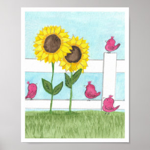 Poster Oiseaux roses & tournesols