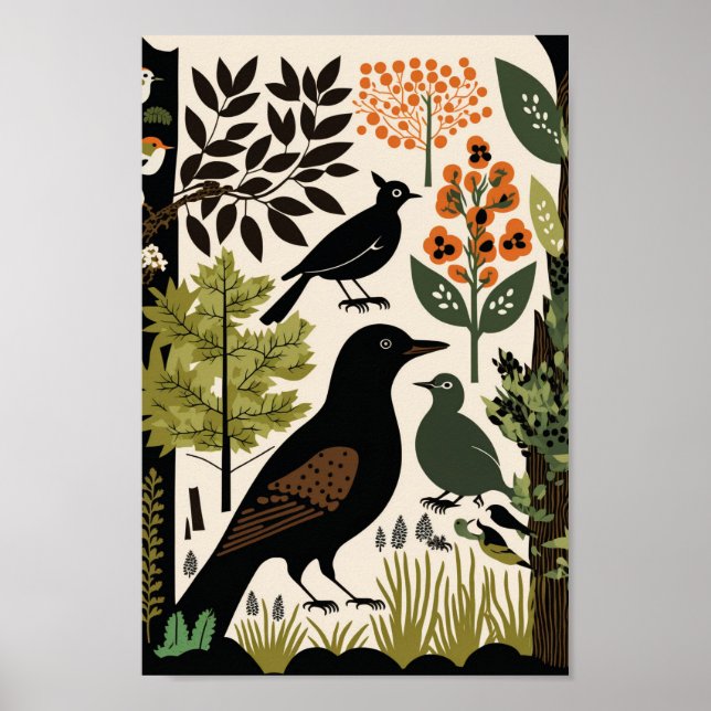 Poster Oiseaux scandinaves danois Floral Flower Art Impri (Devant)