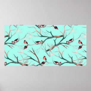 Poster Oiseaux sur les branches de l'arbre aquarelle pein