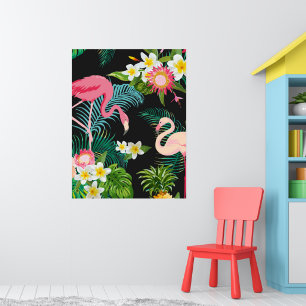 Poster Oiseaux tropicaux Fleurs Flamant rose Paysage aqua