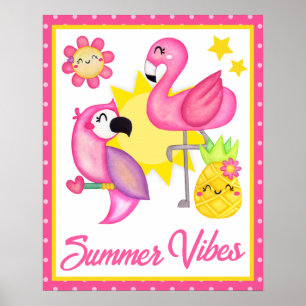 Poster Oiseaux Tropicaux Rose et Jaune à l'aquarelle Été
