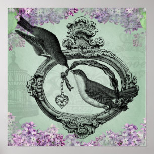 Poster Oiseaux vintages avec un Trousse de Coeur Vêtement