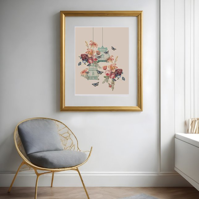 Poster Oiseaux vintages, papillons et fleurs Vintages (Vintage Birdcages, Butterflies & Vintage Florals Poster)