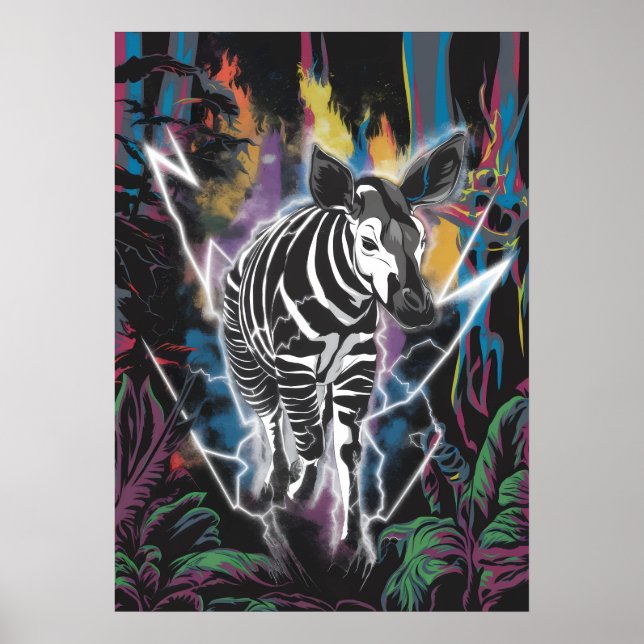 Poster Okapi dans la jungle électrique avec éclair néon (Devant)