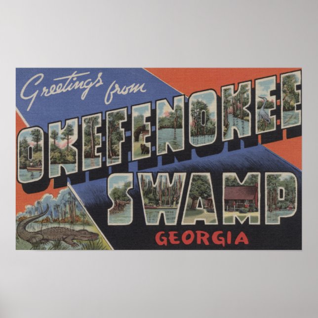 Poster Okefenokee Marécage, Géorgie - Grandes Lettres Scè (Devant)