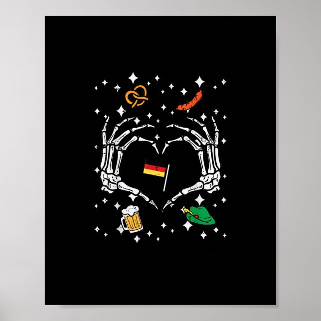 Poster Oktoberfest Skeleton Drapeau de coeur main alleman (Devant)