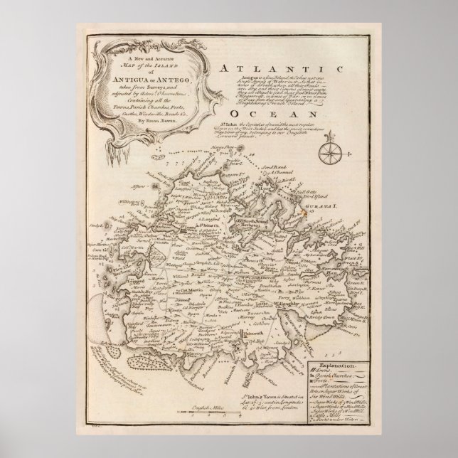 Poster Old Antigua Map (1747) Vintage Waladli Island (Devant)