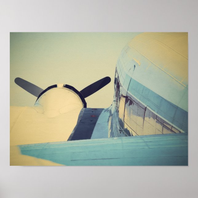 Poster Old Antique Airplane Yellow and Blue 16" x 12"  (Devant)