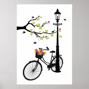 Poster Old bicycle with lamp, flower basket, birds, tree
