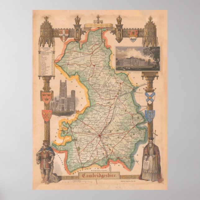Poster Old Cambridgeshire UK Map (1843) (Devant)