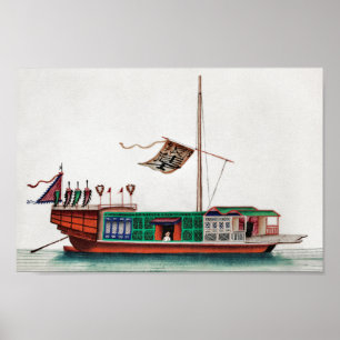 Poster Old chinese painting of a river passenger junk