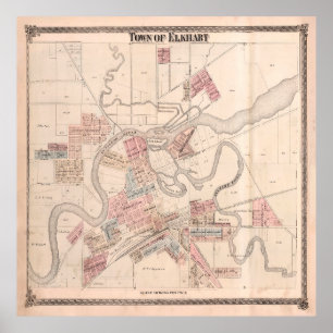 Poster Old Elkhart IN Map (1874) Vintage Old Hart City 