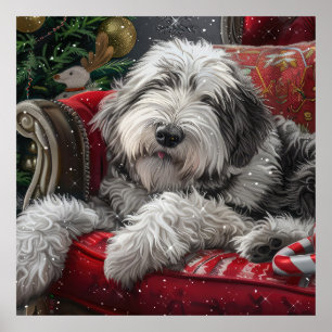 Poster Old English Sheepdog Festive de Noël