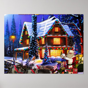 Poster Old Man Santa Claus and Reindeer