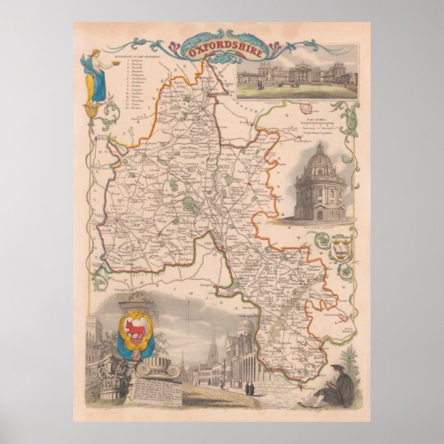 Poster Old Oxfordshire England Map (1850) (Devant)