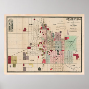 Poster Old Salt Lake City UT Map (1889) Vintage SLC Utah