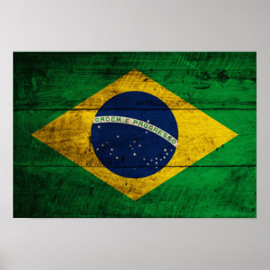Poster Old Wooden Brazil Flag