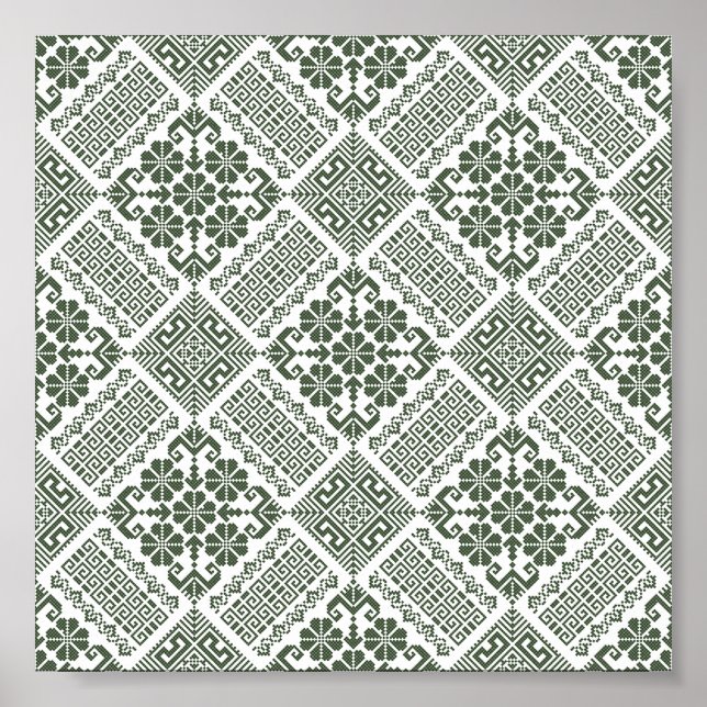 Poster Olive Green & White Tatreez Henna Thobe Motif (Devant)