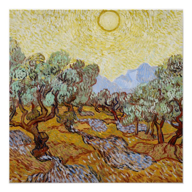 Poster Oliviers au ciel et au soleil jaunes (Devant)