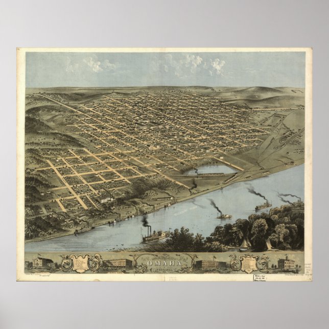 Poster Omaha Nebraska 1868 Carte panoramique antique (Devant)