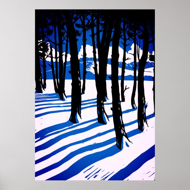 Poster Ombres de la forêt d'hiver - Bleu Minimal Nature (Devant)