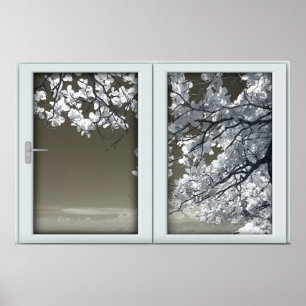 Poster Omins fleurs d'arbre blanc Faux fenêtre Illusion