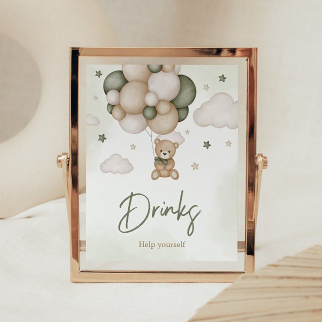 Poster On Peut Attendre Des Boissons De Boho Vertes (Green Boho Teddy Bear Baby Shower Drinks Sign)