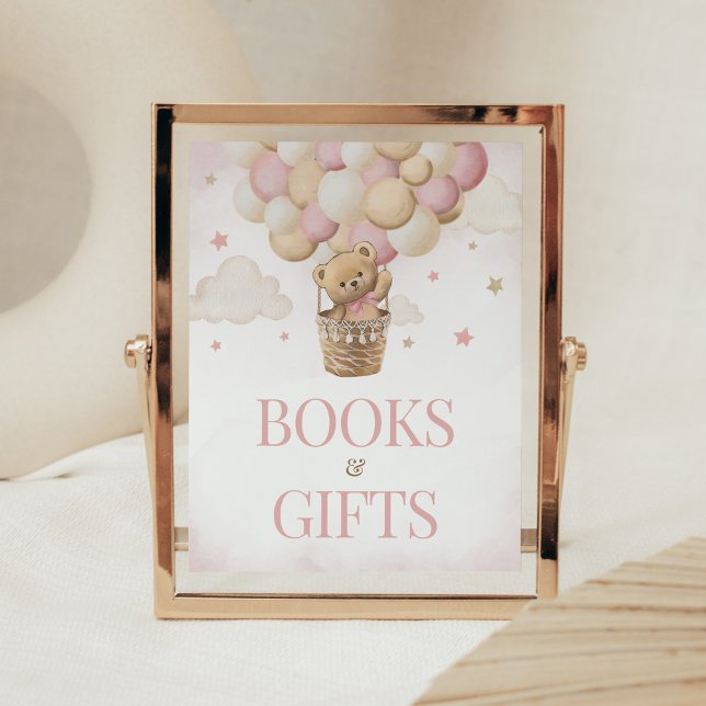 Poster On peut attendre des livres et des cadeaux d'ours  (Girl Teddy Bear Balloon Baby Shower Books and Gifts Sign)