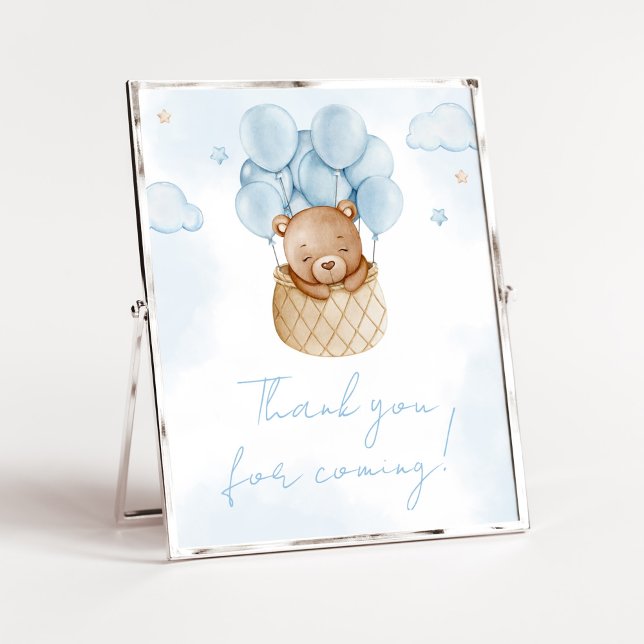 Poster On peut attendre le Merci d'air chaud pour venir (Blue Teddy Baby Bear Baby Shower Thank you for Coming Sign)