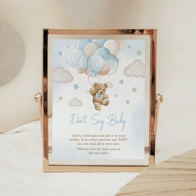 Poster On peut attendre l'ours Balloon Ne pas dire bébé (Teddy Bear Balloon Baby Shower Don't Say Baby Sign)