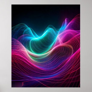Poster Ondes néon sur de l'art numérique abstrait sombre