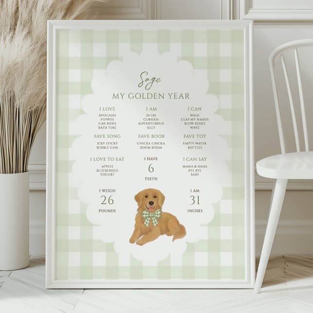 Poster One Golden Year Puppy Dog 1st Birthday Milestone  (Créateur téléchargé)