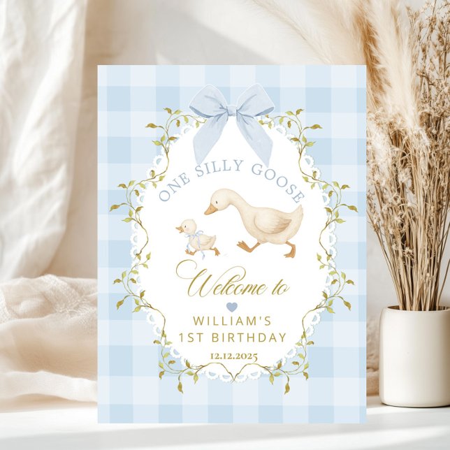 Poster One Silly Goose Blue Gingham Birthday Welcome (Créateur téléchargé)