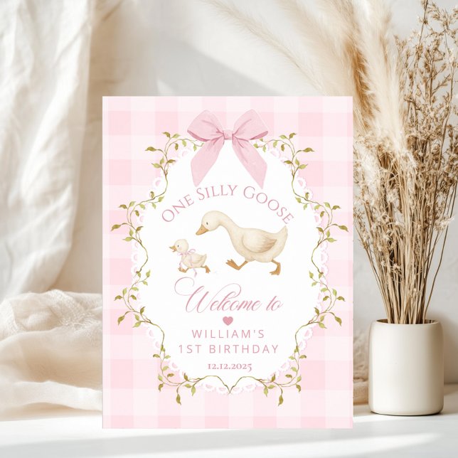 Poster One Silly Goose Pink Gingham 1st Birthday Welcome (Créateur téléchargé)