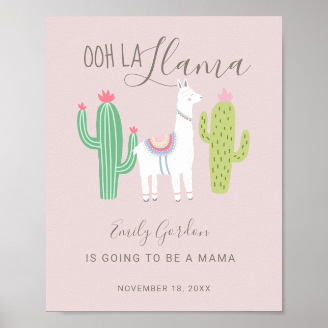 Poster Ooh La Llama Baby shower mignon bébé fille rose (Devant)