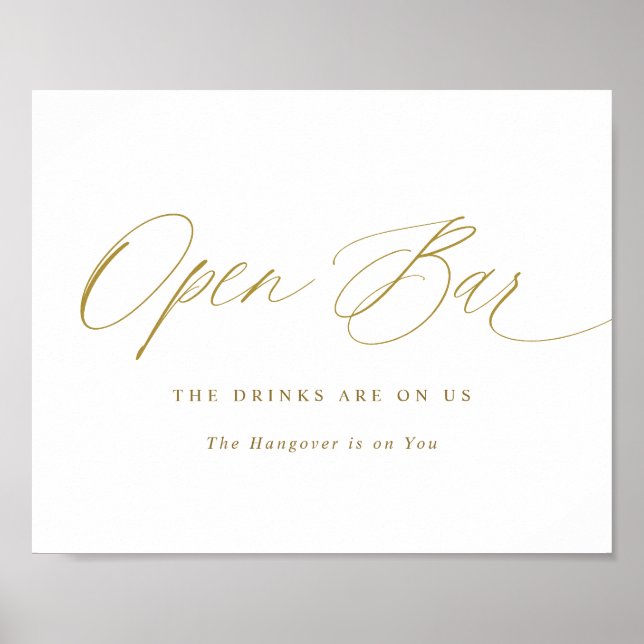 Poster Open Bar Gold Mariage Sign Élégante Calligraphie (Devant)