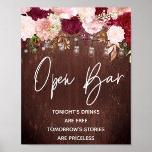 Poster Open Bar String Lumières Bois Bourgogne Mason Jar