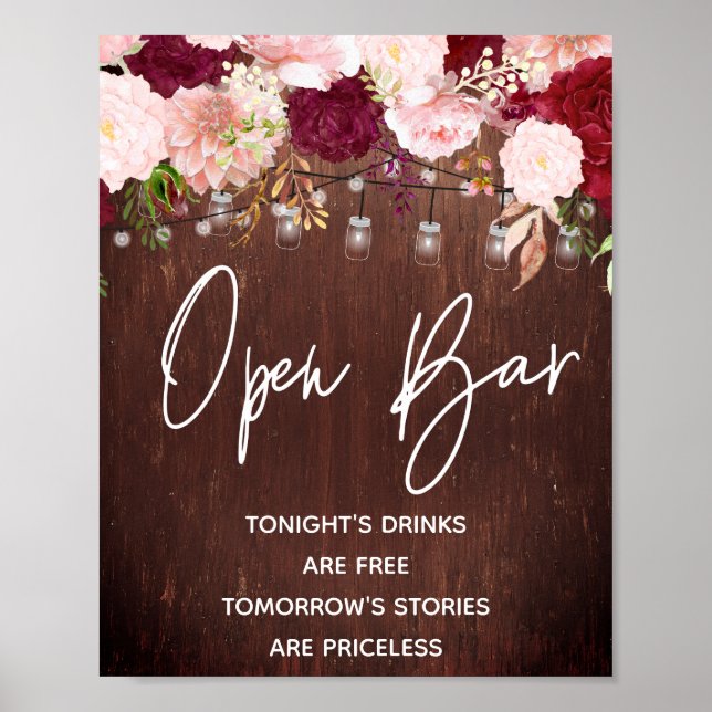 Poster Open Bar String Lumières Bois Bourgogne Mason Jar (Devant)