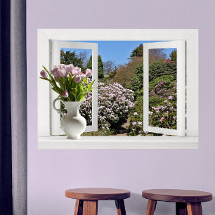 Poster Open Window onto Garden with Pink Tulips