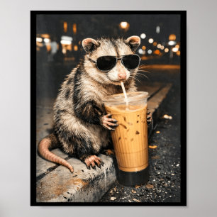 Poster Opossum Buvant du Café Glacé Mème Drôle d'Animal p